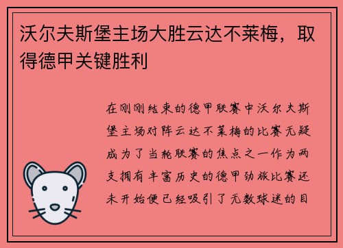 沃尔夫斯堡主场大胜云达不莱梅，取得德甲关键胜利