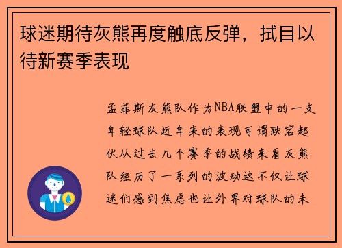 球迷期待灰熊再度触底反弹，拭目以待新赛季表现