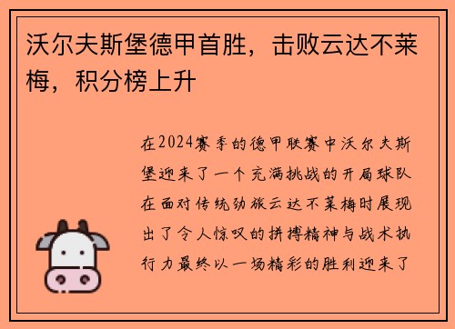 沃尔夫斯堡德甲首胜，击败云达不莱梅，积分榜上升